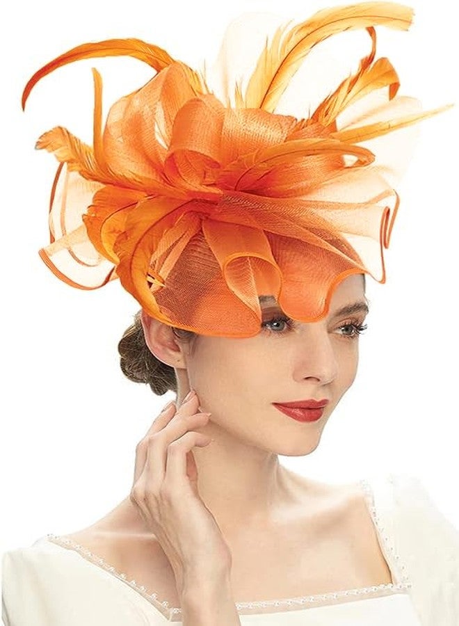 ORIDOOR قبعة أوريدور النسائية المزينة بالزهور والريش، مثالية لحفلات الشاي، وسباق الخيل، وحفلات الكوكتيل، وحفلات الزفاف في كنتاكي، لون برتقالي - Image 1